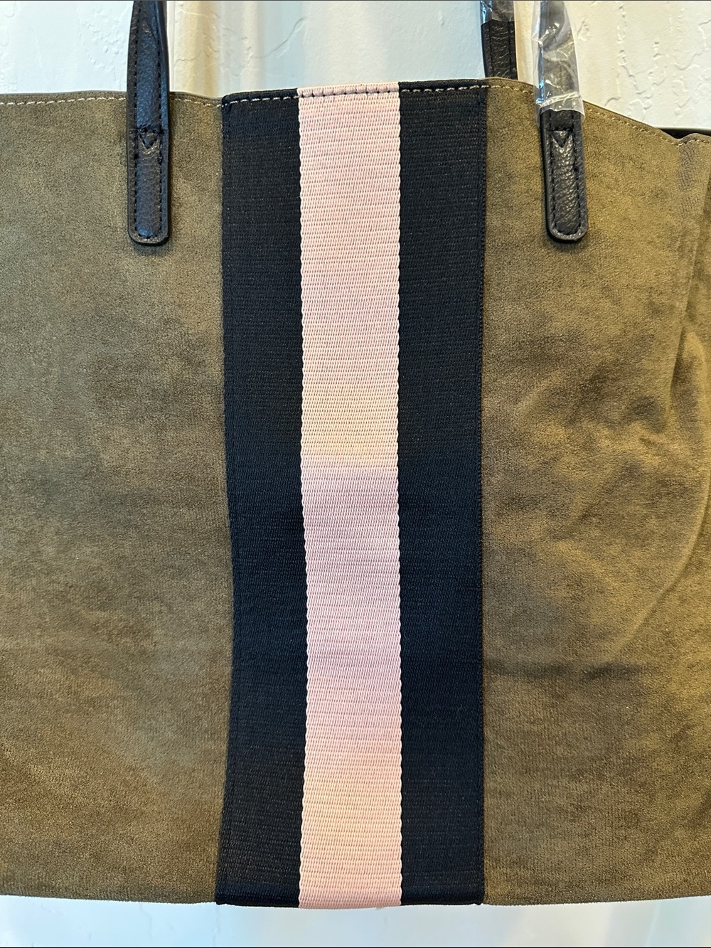Olive Suede Tote with Black and Pink Center Stripe - Picture 4 of 12